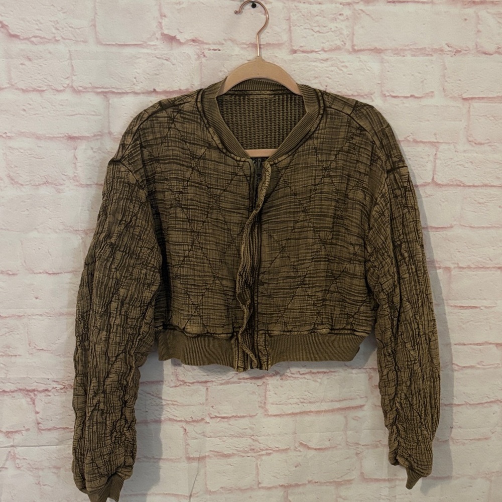 Free People Olive Green Quilted Bomber Jacket